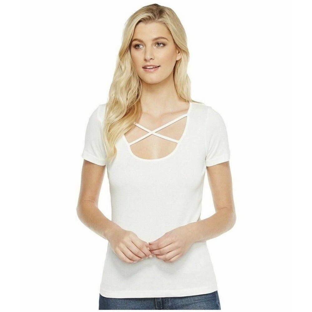 Splendid White Short Sleeve Crisscross Cotton Blend Slim Fit Basic T-Shirt Sz M